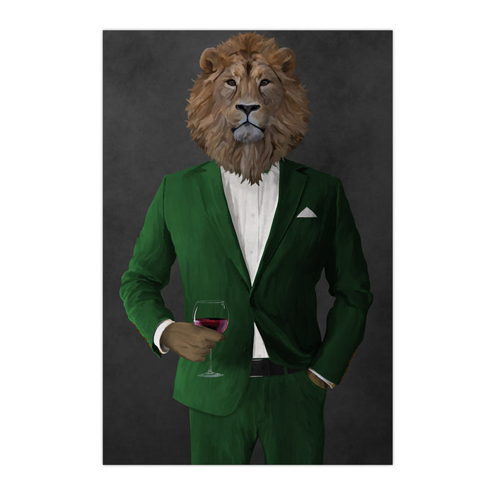 Lion Drinking Red Wine Wall Art - Green Suit