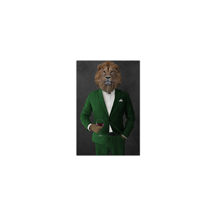 Lion Drinking Red Wine Wall Art - Green Suit