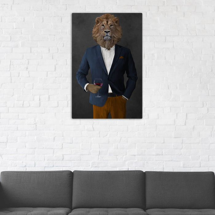 Lion Drinking Red Wine Wall Art - Navy and Orange Suit