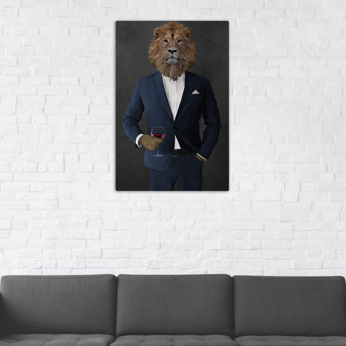 Lion Drinking Red Wine Wall Art - Navy Suit