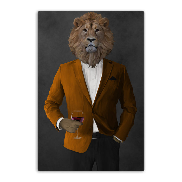 Lion Drinking Red Wine Wall Art - Orange and Black Suit