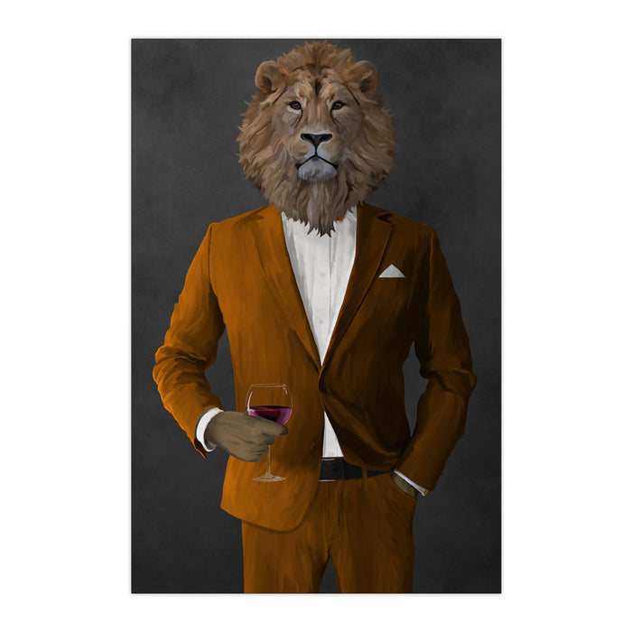 Lion Drinking Red Wine Wall Art - Orange Suit
