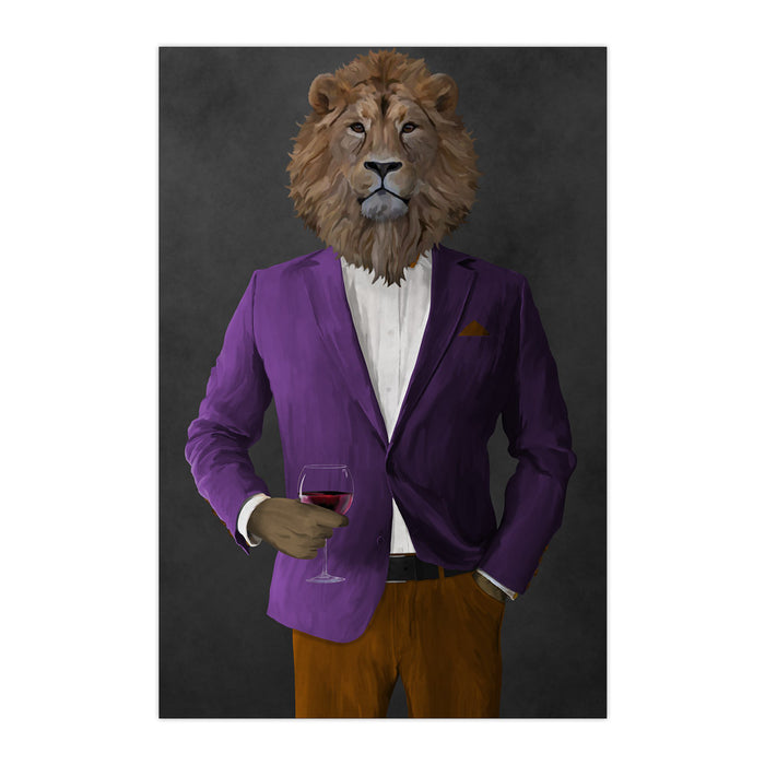 Lion Drinking Red Wine Wall Art - Purple and Orange Suit