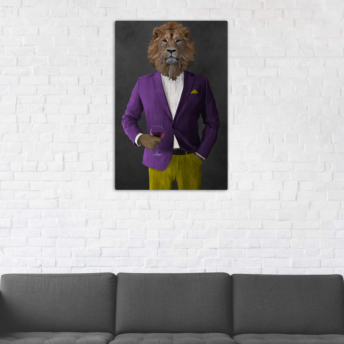 Lion Drinking Red Wine Wall Art - Purple and Yellow Suit