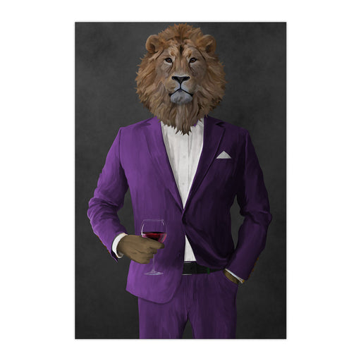 Lion Drinking Red Wine Wall Art - Purple Suit