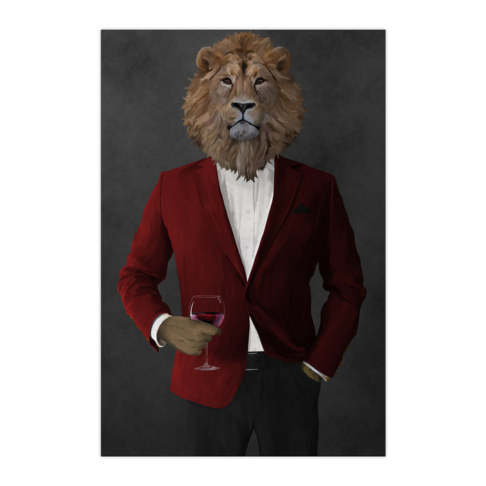 Lion Drinking Red Wine Wall Art - Red and Black Suit