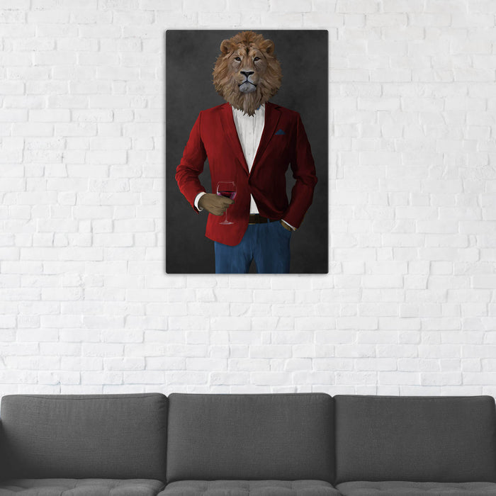 Lion Drinking Red Wine Wall Art - Red and Blue Suit