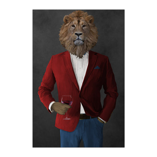 Lion Drinking Red Wine Wall Art - Red and Blue Suit