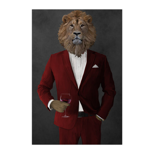 Lion Drinking Red Wine Wall Art - Red Suit