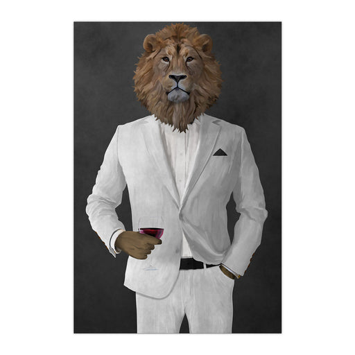 Lion Drinking Red Wine Wall Art - White Suit