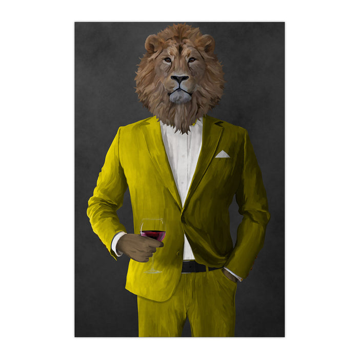 Lion Drinking Red Wine Wall Art - Yellow Suit