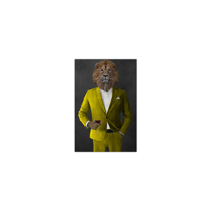 Lion Drinking Red Wine Wall Art - Yellow Suit