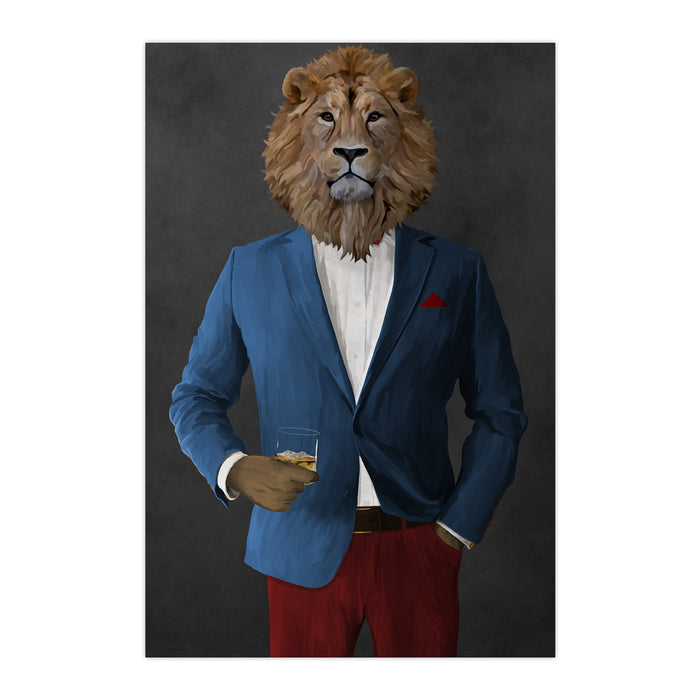 Lion Drinking Whiskey Wall Art - Blue and Red Suit