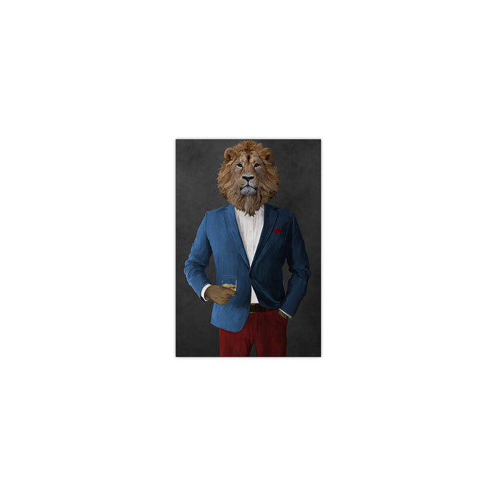 Lion Drinking Whiskey Wall Art - Blue and Red Suit