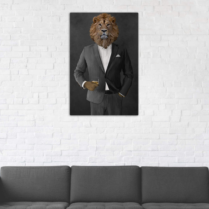 Lion Drinking Whiskey Wall Art - Gray Suit