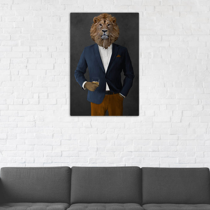 Lion Drinking Whiskey Wall Art - Navy and Orange Suit