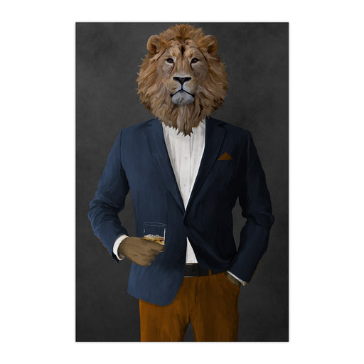 Lion Drinking Whiskey Wall Art - Navy and Orange Suit