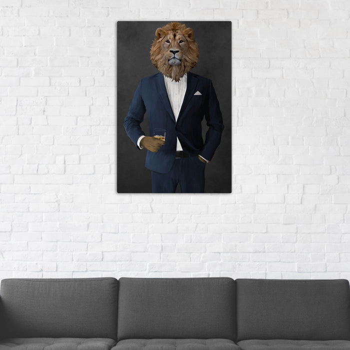 Lion Drinking Whiskey Wall Art - Navy Suit