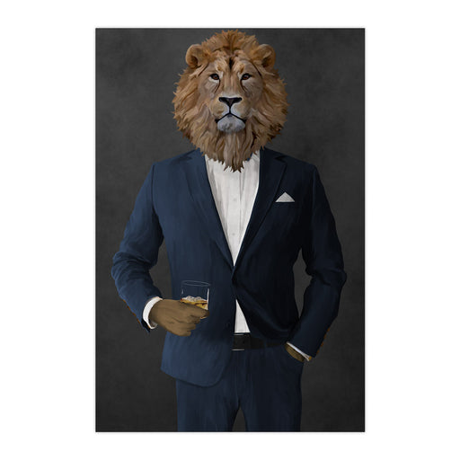 Lion Drinking Whiskey Wall Art - Navy Suit