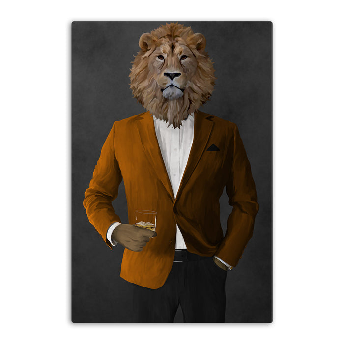 Lion Drinking Whiskey Wall Art - Orange and Black Suit