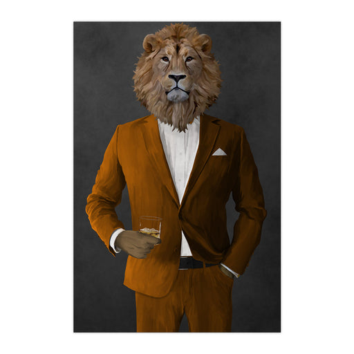 Lion Drinking Whiskey Wall Art - Orange Suit
