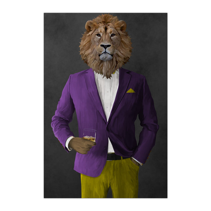 Lion Drinking Whiskey Wall Art - Purple and Yellow Suit