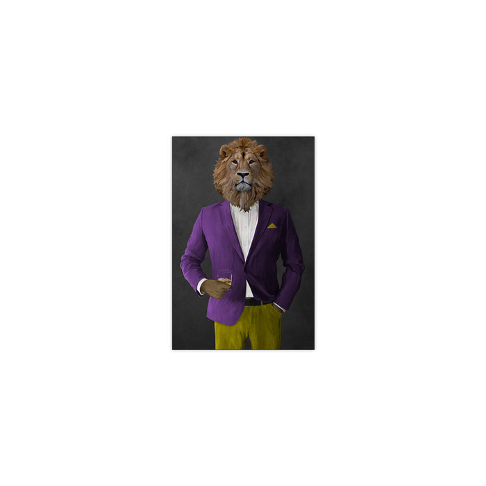Lion Drinking Whiskey Wall Art - Purple and Yellow Suit