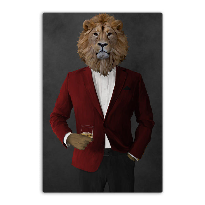 Lion Drinking Whiskey Wall Art - Red and Black Suit