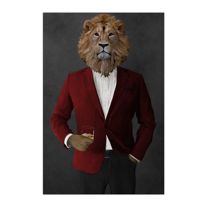 Lion Drinking Whiskey Wall Art - Red and Black Suit