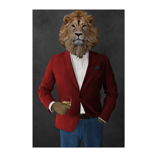 Lion Drinking Whiskey Wall Art - Red and Blue Suit