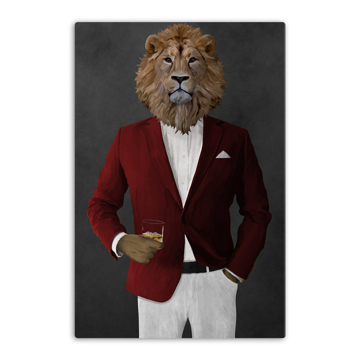 Lion Drinking Whiskey Wall Art - Red and White Suit