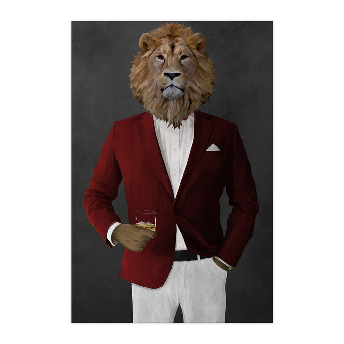 Lion Drinking Whiskey Wall Art - Red and White Suit