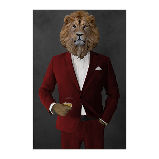 Lion Drinking Whiskey Wall Art - Red Suit