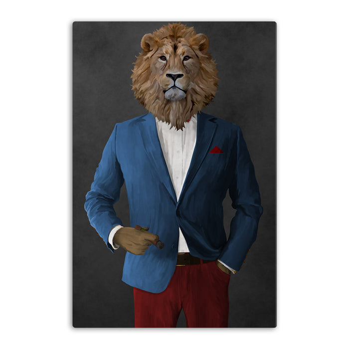 Lion Smoking Cigar Wall Art - Blue and Red Suit