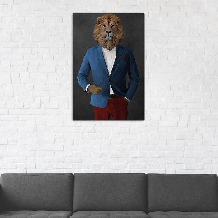 Lion Smoking Cigar Wall Art - Blue and Red Suit