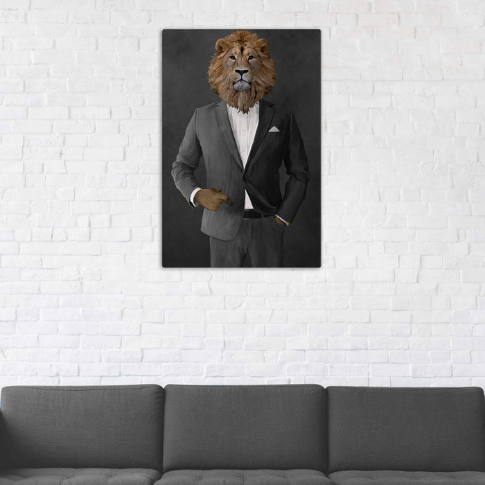 Lion Smoking Cigar Wall Art - Gray Suit