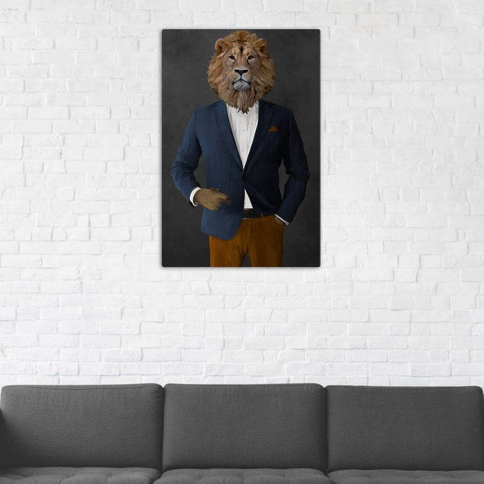 Lion Smoking Cigar Wall Art - Navy and Orange Suit