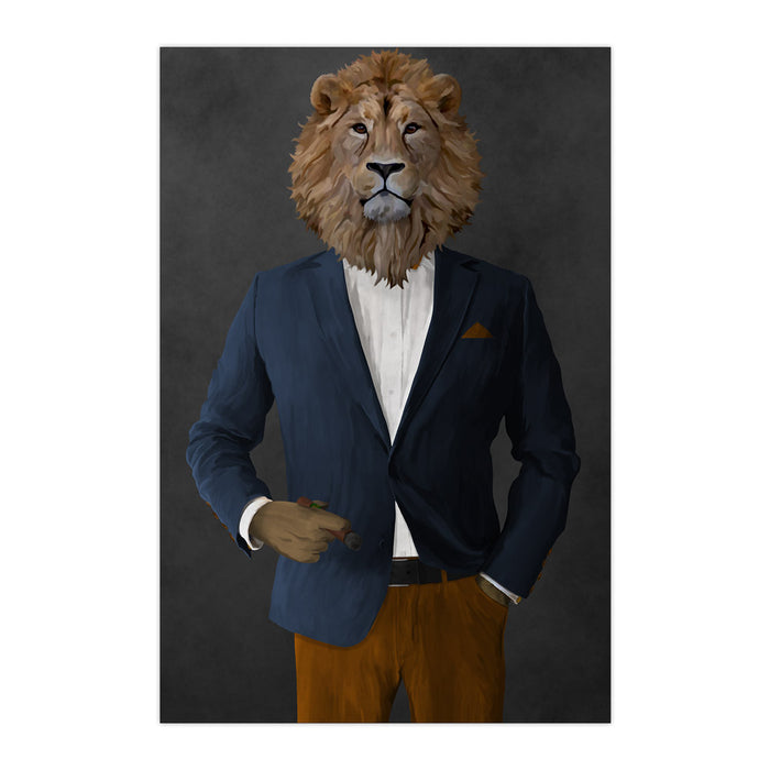 Lion Smoking Cigar Wall Art - Navy and Orange Suit