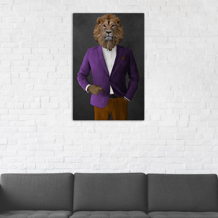 Lion Smoking Cigar Wall Art - Purple and Orange Suit