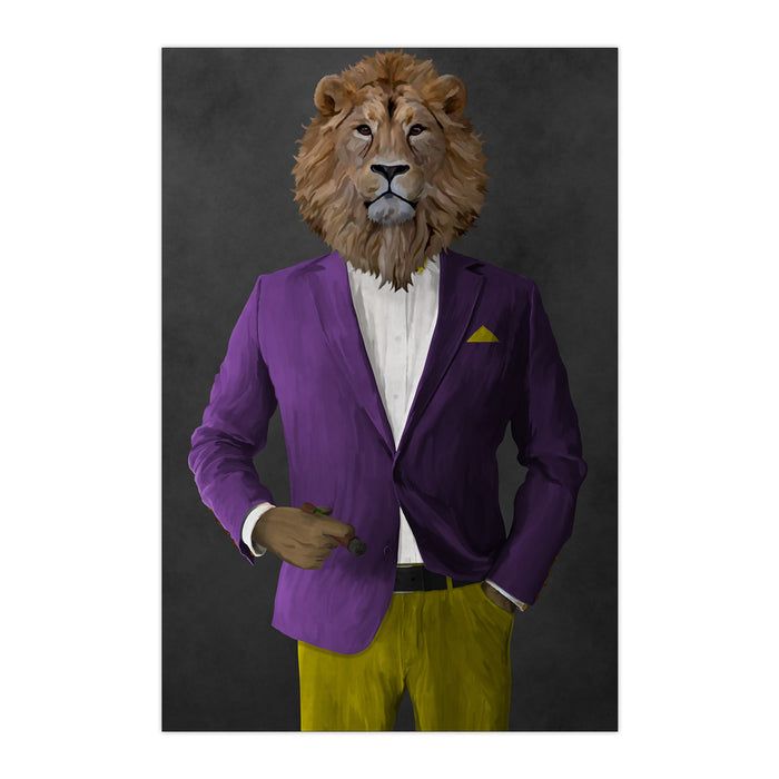Lion Smoking Cigar Wall Art - Purple and Yellow Suit