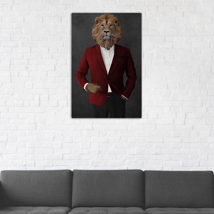 Lion Smoking Cigar Wall Art - Red and Black Suit