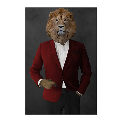 Lion Smoking Cigar Wall Art - Red and Black Suit