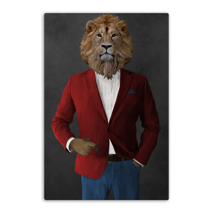 Lion Smoking Cigar Wall Art - Red and Blue Suit