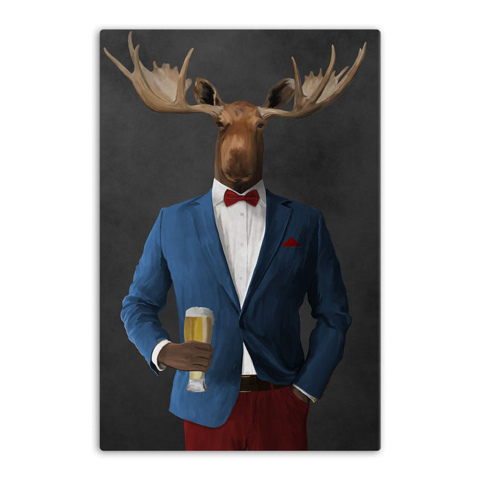 Moose drinking beer wearing blue and red suit canvas wall art