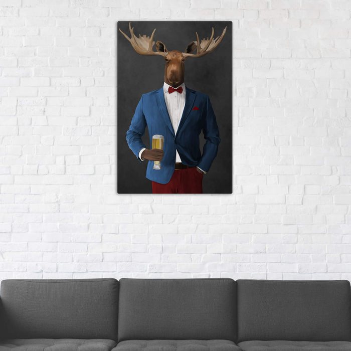 Moose Drinking Beer Wall Art - Blue and Red Suit