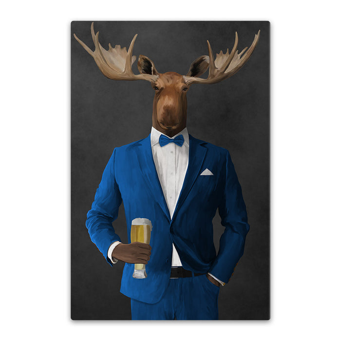 Moose drinking beer wearing blue suit canvas wall art