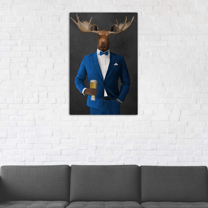 Moose Drinking Beer Wall Art - Blue Suit