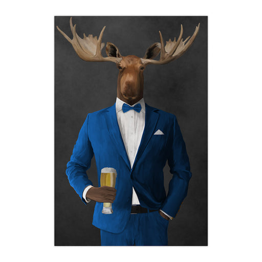 Moose drinking beer wearing blue suit large wall art print
