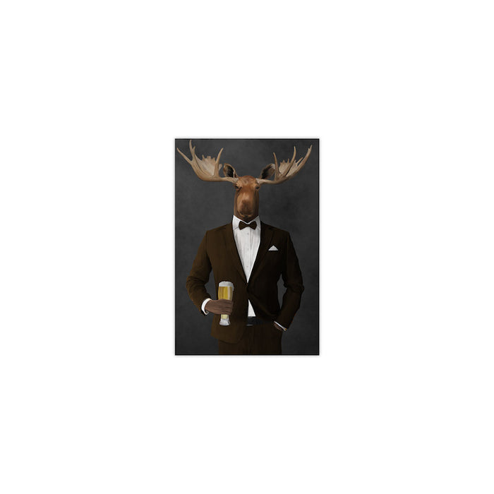 Moose drinking beer wearing brown suit small wall art print