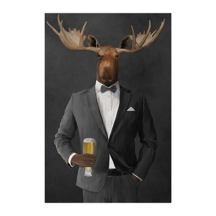 Moose drinking beer wearing gray suit large wall art print